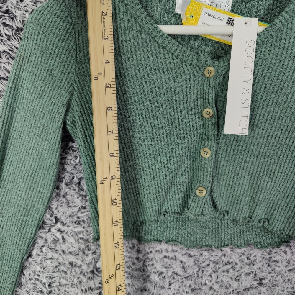 Society + Stitch Women Cottagecore Cardigan M Green Kaia Cropped Ribbed Knit NEW - Picture 2 of 8